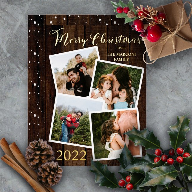 Rustic Woodsy Faux Wood Merry Christmas 4 Photo Foil Holiday Card (Creator Uploaded)