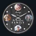 Rustic Woodsy Four Photo Family with Quote Large Clock<br><div class="desc">Great for celebrating your family or for housewarmings,  this rustic woodsy design has been fashioned in a dark,  rustic grey-toned faux wood background with white lettering and four photos.  All text can be modified as desired.  Composite design by Holiday Hearts Designs (rights reserved).</div>