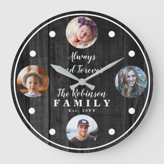 Rustic Woodsy Four Photo Family with Quote Large Clock (Front)