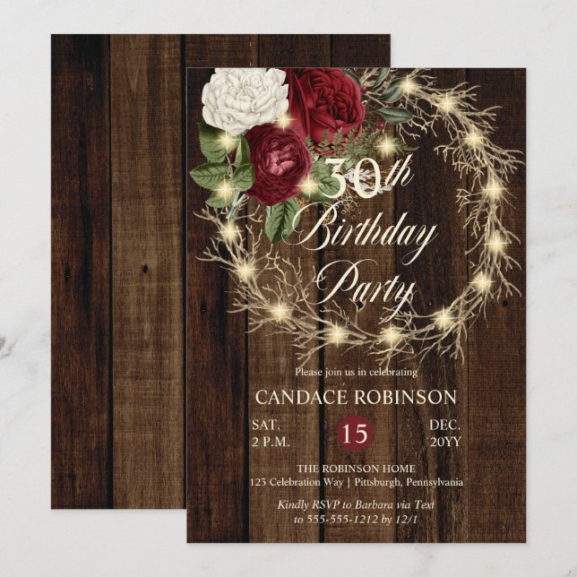 Rustic Woodsy Lighted Wreath 30th Birthday Party Invitation (Front/Back)