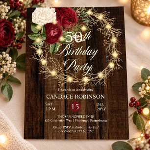 Rustic Woodsy Lighted Wreath 50th Birthday Party Invitation