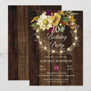 Rustic Woodsy Lighted Wreath 70th Birthday Party Invitation