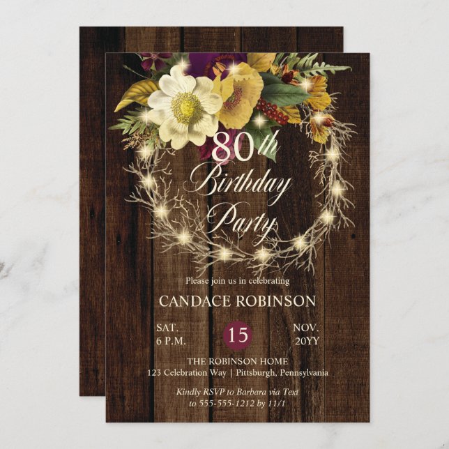 Rustic Woodsy Lighted Wreath 80th Birthday Party Invitation (Front/Back)