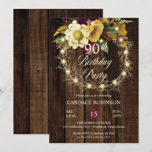 Rustic Woodsy Lighted Wreath 90th Birthday Party I Invitation