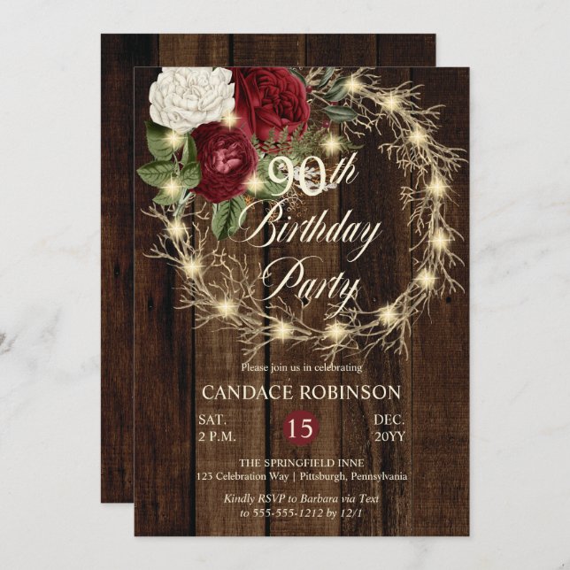 Rustic Woodsy Lighted Wreath 90th Birthday Party Invitation (Front/Back)