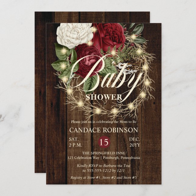 Rustic Woodsy Lighted Wreath Girl Baby Shower Invitation (Front/Back)
