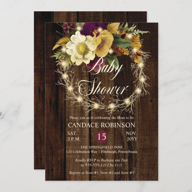 Rustic Woodsy Lighted Wreath Girl Baby Shower Invitation (Front/Back)