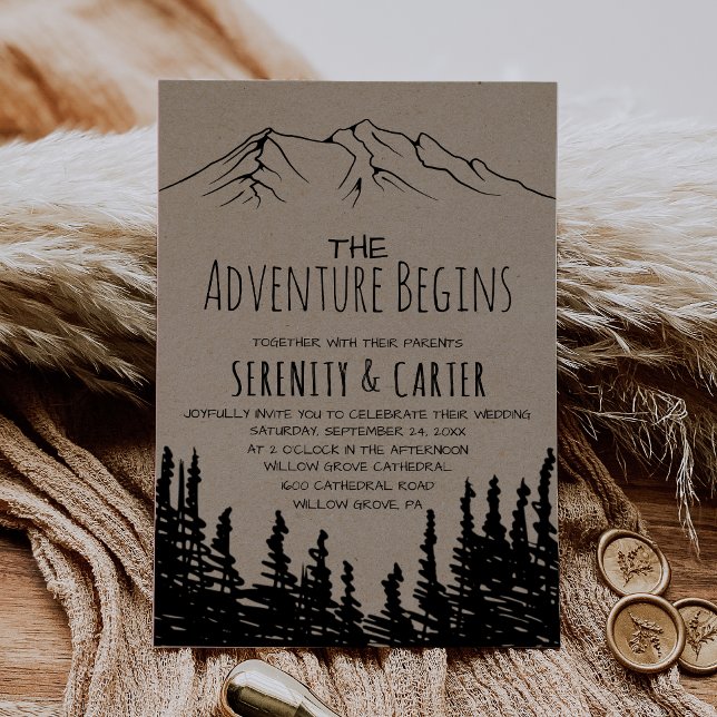 Rustic Woodsy Mountain Adventure Begins Wedding Invitation (Creator Uploaded)