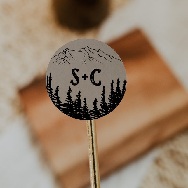 Rustic Woodsy Mountain Monogram Wedding Envelope Classic Round Sticker (Creator Uploaded)