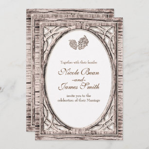 Rustic Woodsy Pine Cone White Wood Invitations