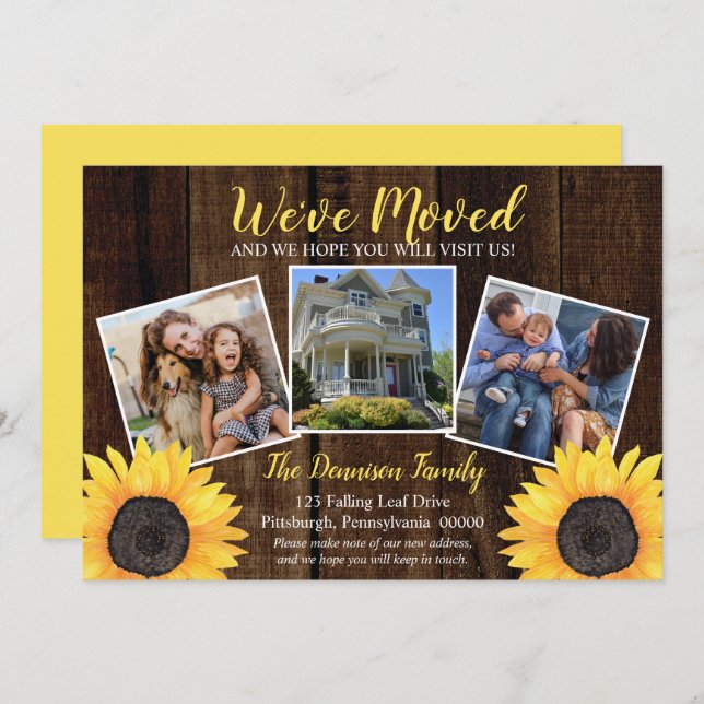 Rustic Woodsy Sunflower We've Moved Moving Photo Announcement (Front/Back)