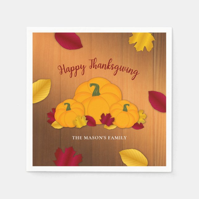 Rustic Woodsy Thanksgiving Pumpkins & Fall Leaves Napkin (Front)