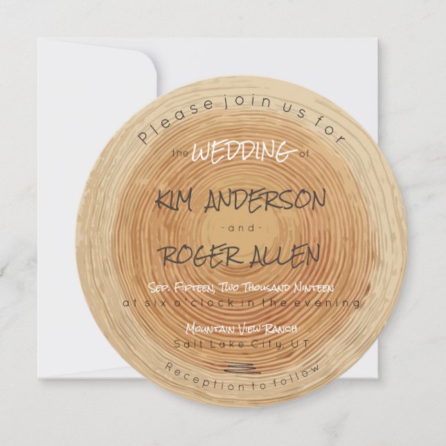 Rustic Woodsy Tree Trunk Slice Unique Wedding Invitation (Front)