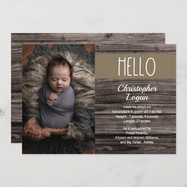 Rustic Woodsy Wood | Burlap Baby Boy Photo Birth A Announcement (Front/Back)