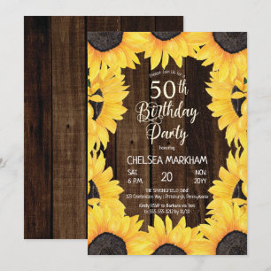 Rustic Woodsy Wood  Sunflowers 50th Birthday Party Invitation