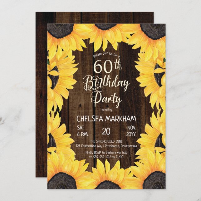 Rustic Woodsy Wood| Sunflowers 60th Birthday Party Invitation (Front/Back)