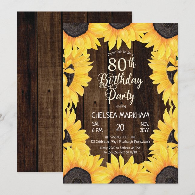 Rustic Woodsy Wood| Sunflowers 80th Birthday Party Invitation (Front/Back)