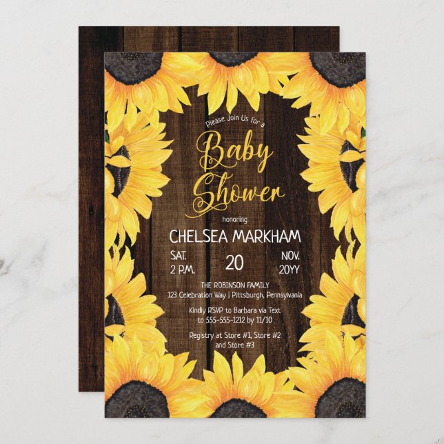 Rustic Woodsy Wood | Sunflowers Girl Baby Shower I Invitation (Front/Back)
