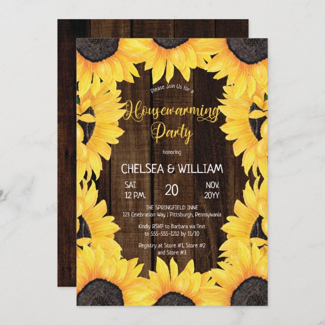 Rustic Woodsy Wood | Sunflowers Housewarming Party Invitation (Front/Back)