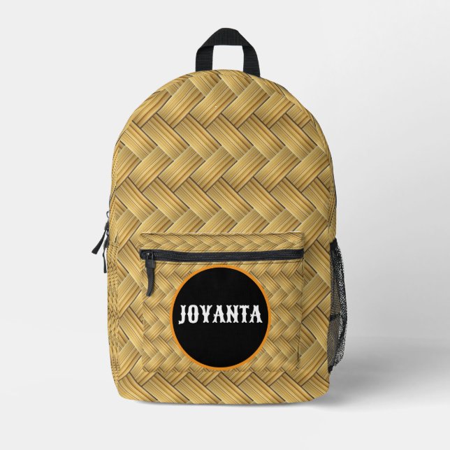Rustic Woven Bamboo Pattern Custom Name Printed Backpack (Front)