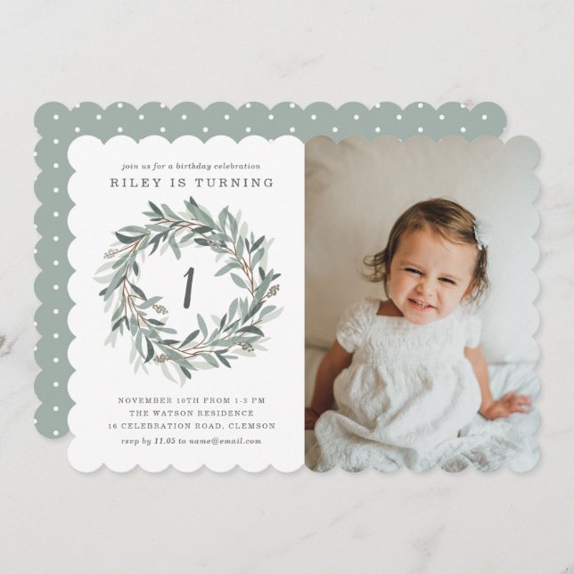Rustic Wreath 1st Birthday Party Invitation (Front/Back)
