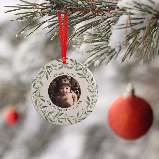 Rustic Wreath Baby's First Christmas Photo Holiday Ceramic Ornament (Creator Uploaded)