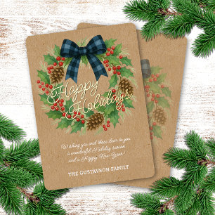 Rustic Wreath Blue Black Checkered Bow Gold Foil Holiday Card