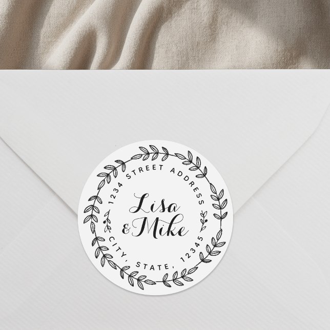 Rustic Wreath Couple Names Wedding Address Classic Round Sticker (Creator Uploaded)