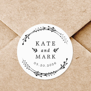 Rustic Wreath Couple Names Wedding Save the Date Classic Round Sticker