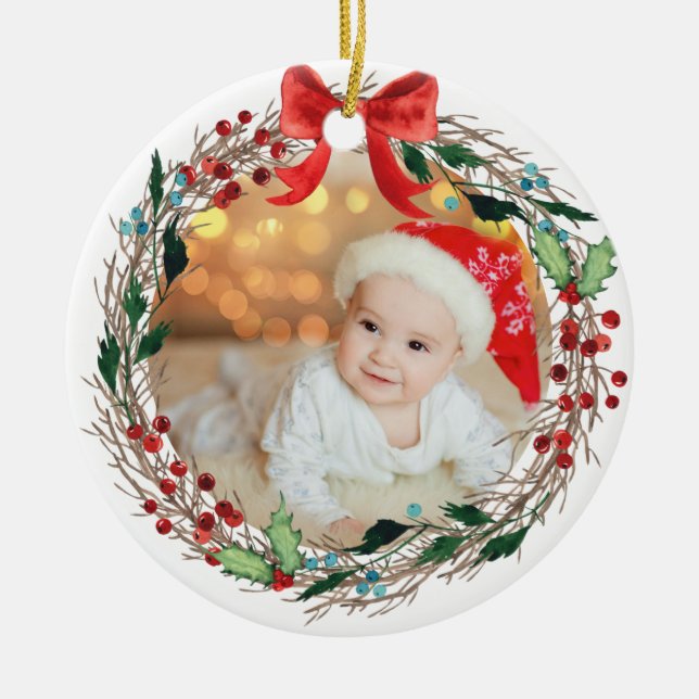 Rustic Wreath Custom Photo Silver Bells and Holly Ceramic Ornament (Front)