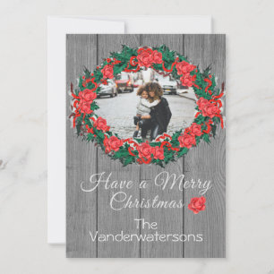 Rustic Wreath Family Photo Grey Wood roses Holiday Card