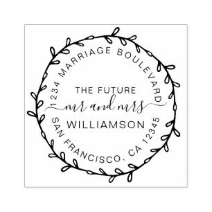 Rustic Wreath Future Mr Mrs Round Return Address Rubber Stamp