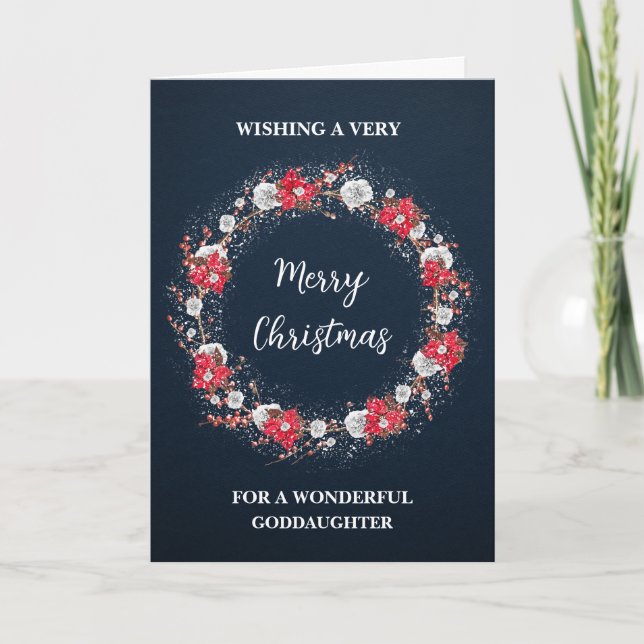 Rustic Wreath Goddaughter Merry Christmas Card (Front)