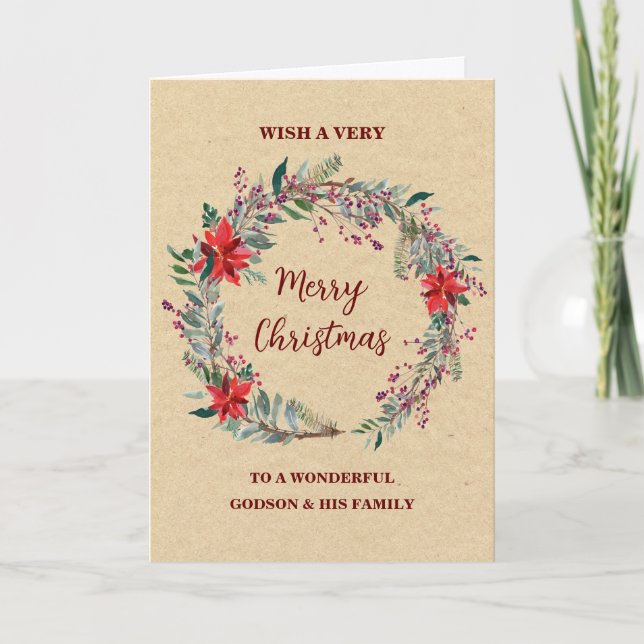 Rustic Wreath Godson & Family Merry Christmas Card (Front)