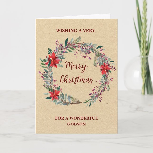 Rustic Wreath Godson Merry Christmas Card (Front)