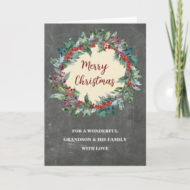Rustic Wreath Grandson & Family Merry Christmas Card (Front)