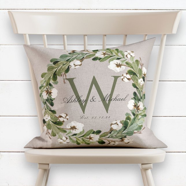 Rustic Wreath Green Monogram Wedding Keepsake Cushion (Creator Uploaded)