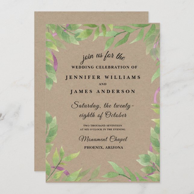 Rustic Wreath Greenery Wedding Invitation (Front/Back)