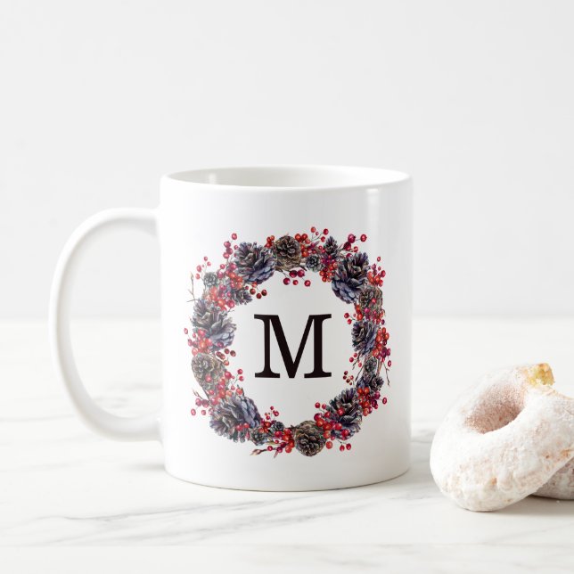 Rustic Wreath | Holiday Monogram Coffee Mug (With Donut)