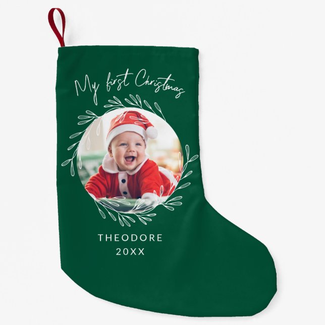 Rustic Wreath Leaf My first Christmas Baby Photo  Small Christmas Stocking (Front)