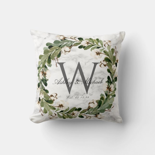 Rustic Wreath Marble Monogram Wedding Keepsake Cushion (Front)