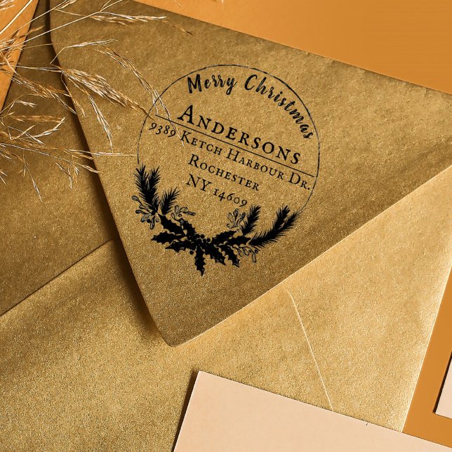 Rustic Wreath Merry Christmas Return Address Rubber Stamp (Rustic Merry Christmas Wreath Return Address Rubber Stamp)