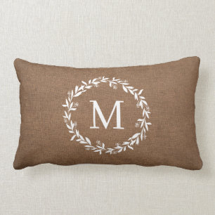 Rustic Wreath Monogram   Modern Farmhouse Lumbar Cushion