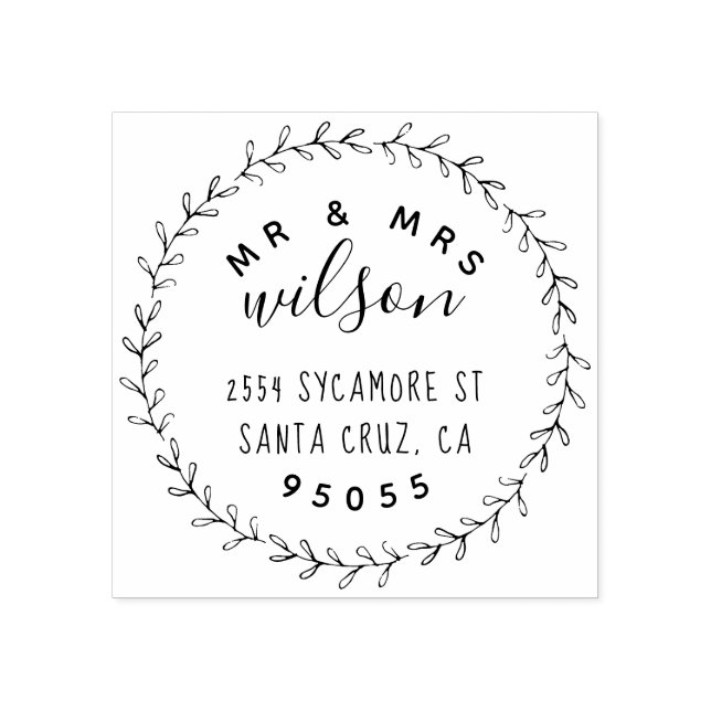 Rustic Wreath Mr & Mrs Botanical Return Address Rubber Stamp (Imprint)
