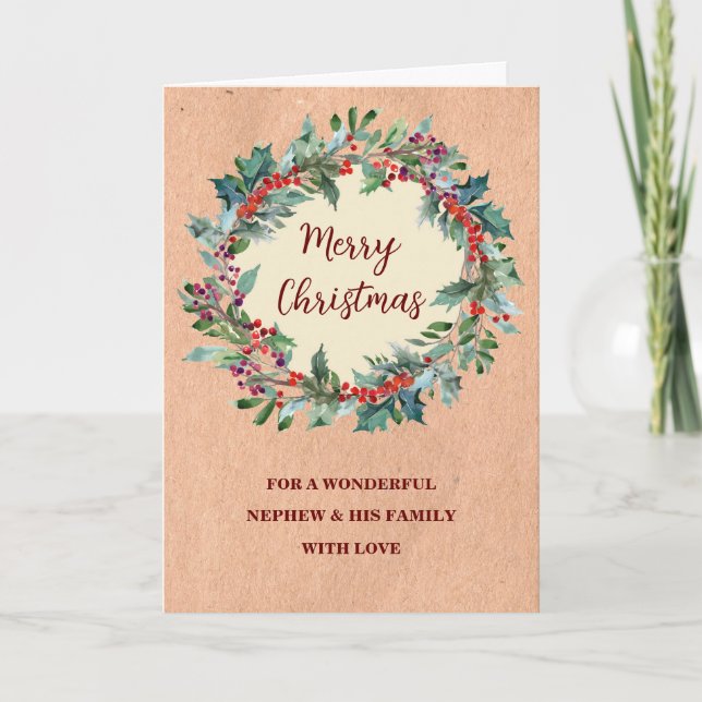 Rustic Wreath Nephew & Family Merry Christmas Card (Front)