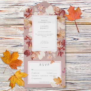 Rustic Wreath of Fall Leaves Burgundy Dinner All In One Invitation