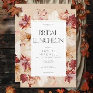 Rustic Wreath of Fall Leaves Tan Bridal Luncheon Invitation