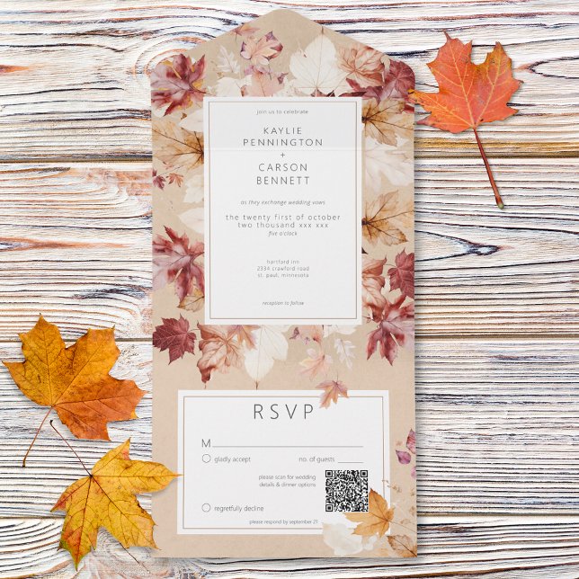 Rustic Wreath of Fall Leaves Tan QR Code All In One Invitation (Rustic Wreath of Fall Leaves Tan QR Code All In One Invitation)