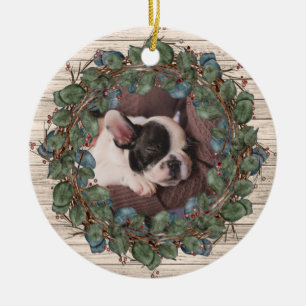 Rustic Wreath on Wood Pet Photo Ceramic Ornament