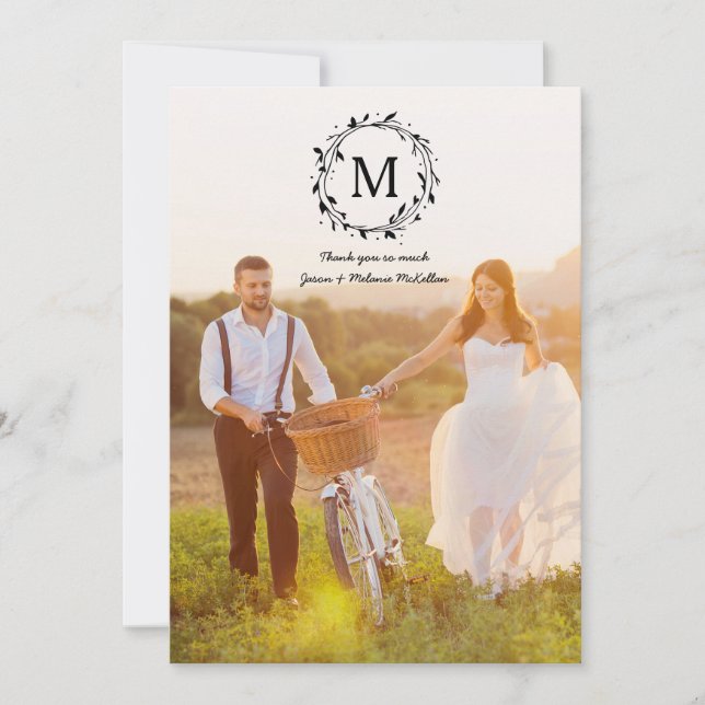 Rustic Wreath Overlay Monogram Wedding Thank You Card (Front)